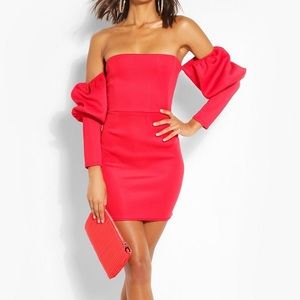Boohoo Puff Sleeve Off The Shoulder Mini Dress Red
